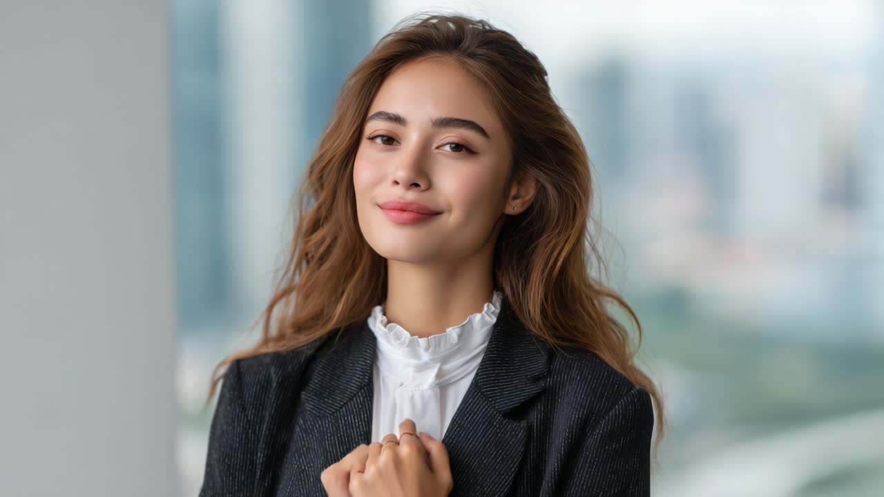 A Confident Professional Woman Expressing Gratitude and Positivity with a Warm Smile, Captured in an Urban Setting with Natural Light in the Background