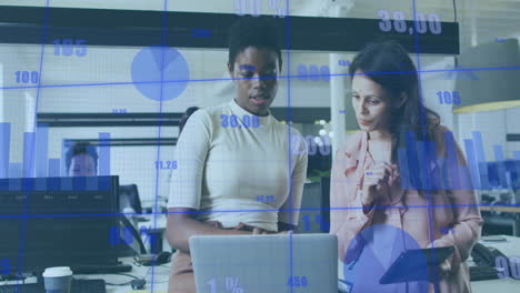 gráficos de datos de negocios animación sobre dos mujeres discutiendo el trabajo en la oficina