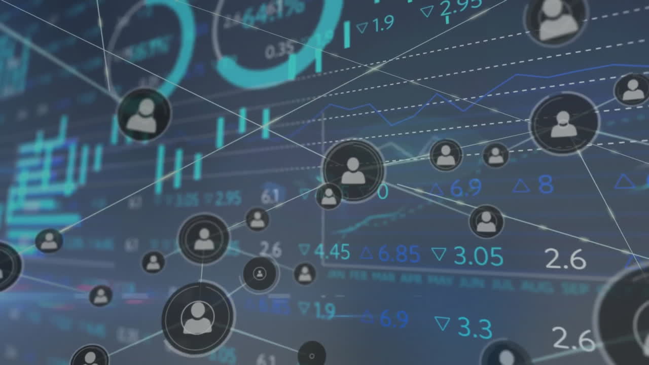 Animation of stock market and data processing over network of connections