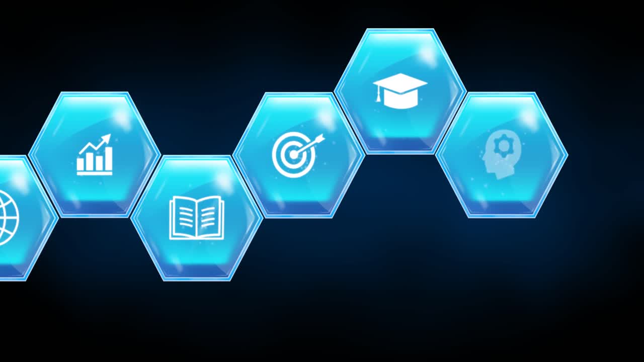 Animation of education and learning blue hexagon icons on blue background