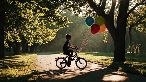 boy on a bike with balloons in a park