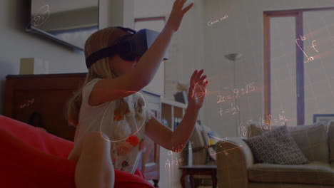 animación de dibujos matemáticos y ecuaciones sobre el niño que usa auriculares vr