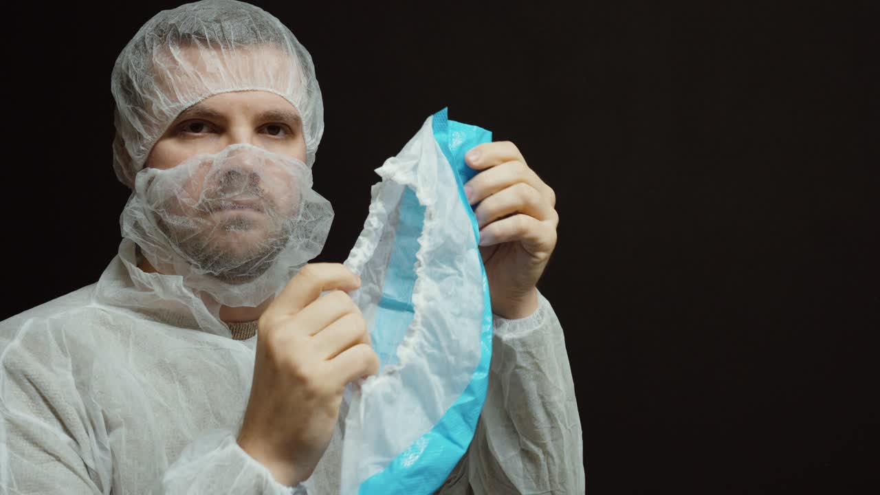 Um técnico vestindo roupas de proteção completas mostra e apresenta uma proteção descartável azul para sapatos, destacando os procedimentos de higiene e controle de contaminação. Ideal para fabricação em salas limpas, instalações médicas