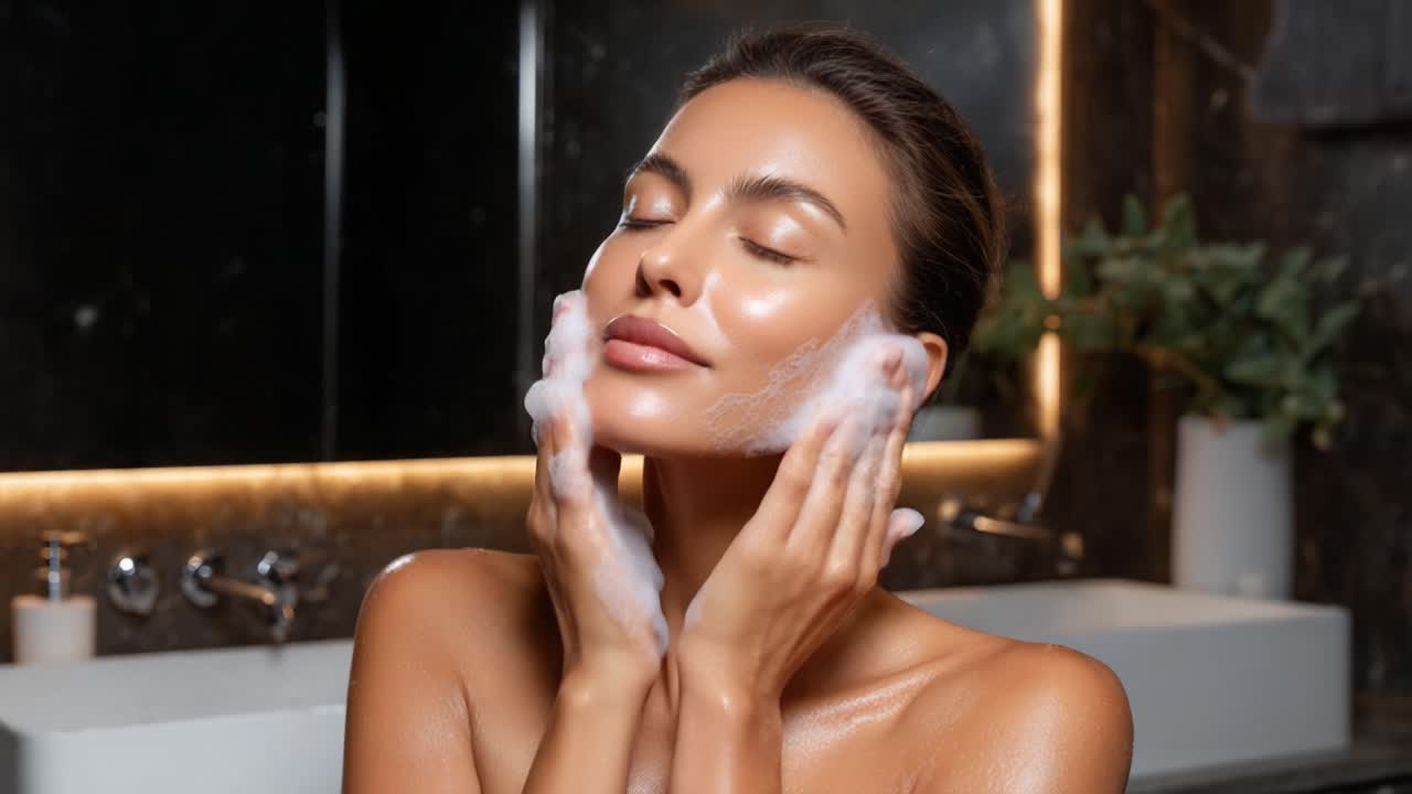 Refreshing Skincare Routine: A Close-Up of a Woman Enjoying a Luxurious Cleansing Foam Experience in a Serene Bathroom Setting