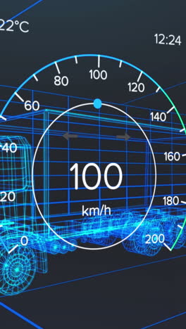 animation of speedometer and power gauge over 3d lorry model moving on black background