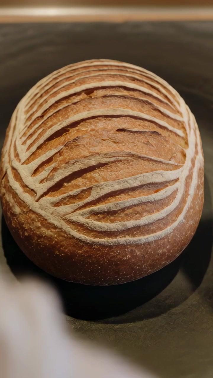 Vertical video: Sliding scored loaf on peel, hand guiding with towel onto dark pan for baking