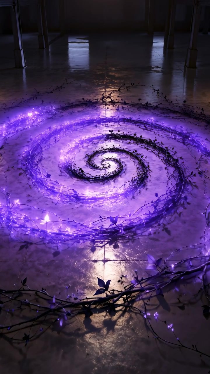Un'illuminazione viola si diffonde attraverso steli aggrovigliati e piccole foglie disposte in curve concentriche, riflettendosi sul cemento lucidato sotto colonne metalliche mentre la telecamera avanza