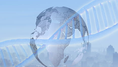 animation of dna strand over globe and cityscape