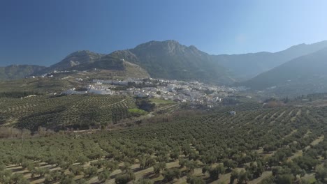 pueblo de cazorla en andalucía, españa, situado al pie de una montaña rocosa, enormes olivares con hileras regulares en un valle.