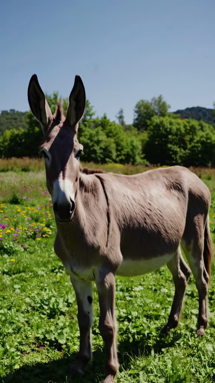 Un asino si erge in un campo lussureggiante, ripreso da una angolazione dal basso, enfatizzandone la statura