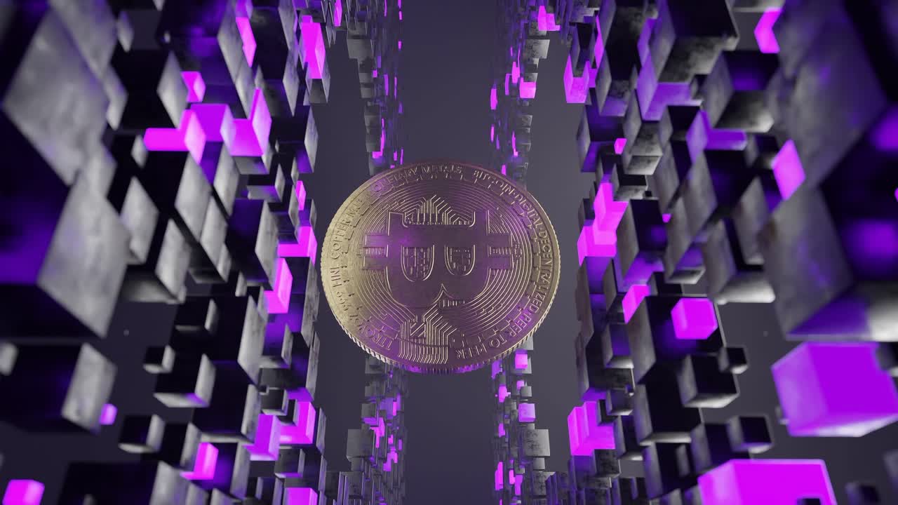 Bitcoin coin floating inside abstract tunnel of black and purple cubic blocks. 3D digital cryptocurrency symbol. Blockchain and virtual currency concept. vertical
