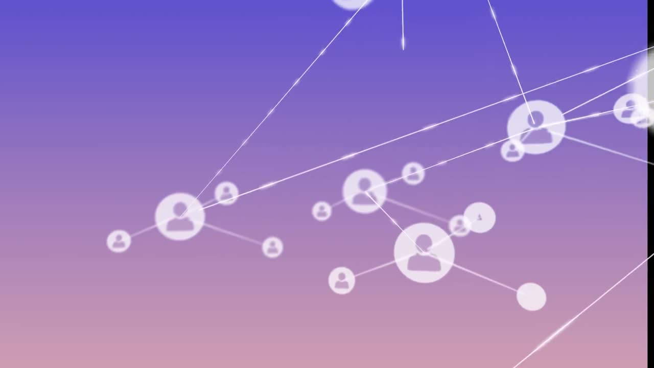 색의 배경 위에 이동하는 선과 연결되는 그래픽 프로파일 아이콘의 애니메이션