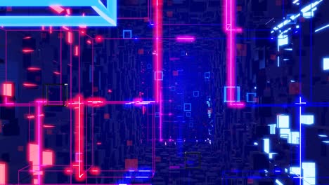 túnel con luz de neón. ciencia ficción bg volar a través del espacio digital tecnológico. concepto de flujo de información de alta tecnología, blockchain. diseño de movimiento bg en bucle 3d, cubos y marcos, construcciones. bg dinámico oscuro