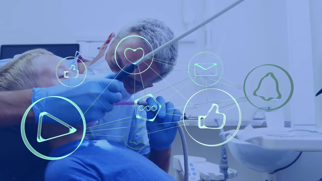 치과의사 의자에 있는 소년에 대한 아이콘과 연결 네트워크의 애니메이션