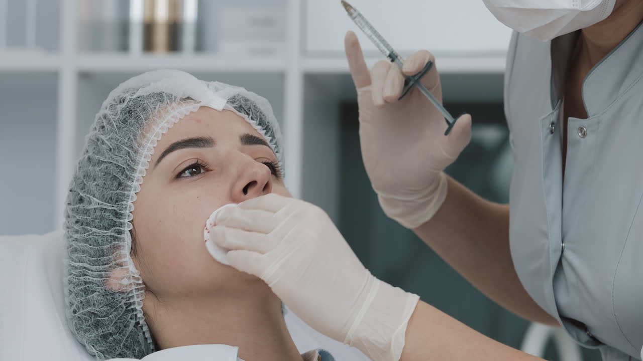 Woman receiving lip filler injection from beautician