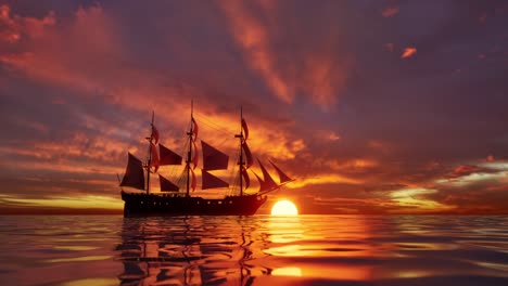 large medieval ship on the sea on a sunset. the old medieval ship gracefully sails in the open sea