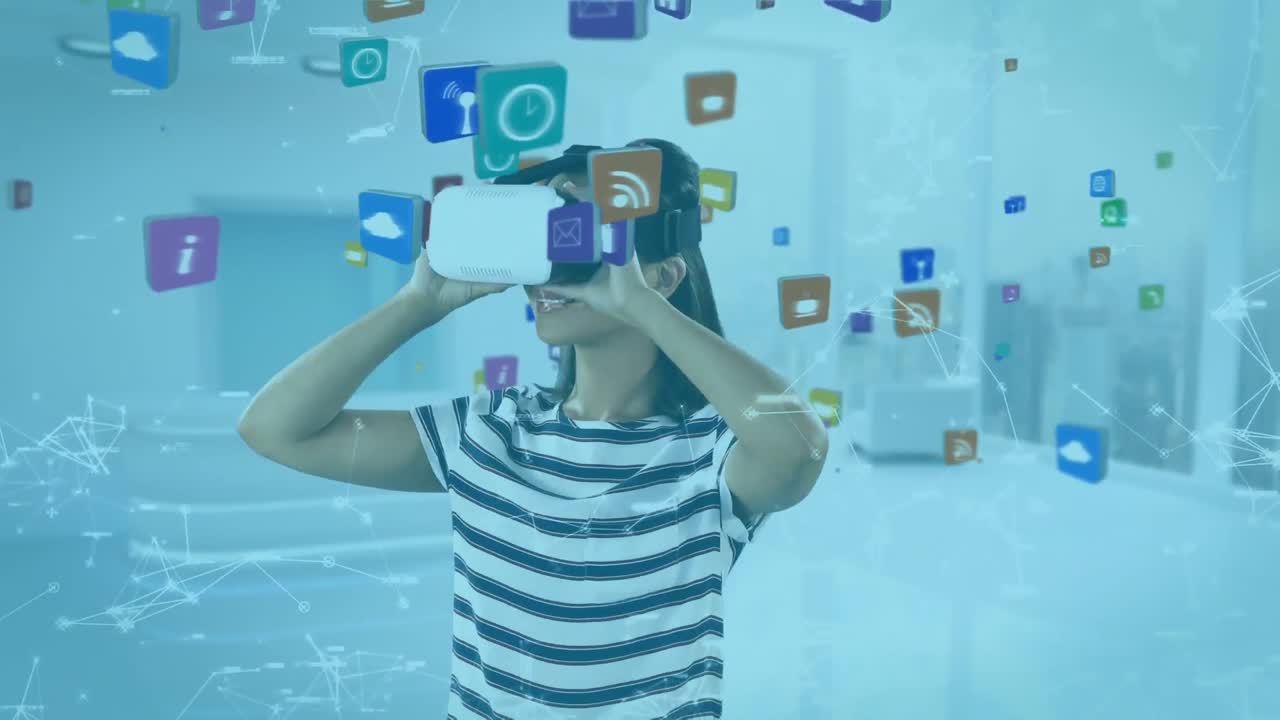 animación de una mujer caucásica con auriculares vr sobre iconos sociales flotando