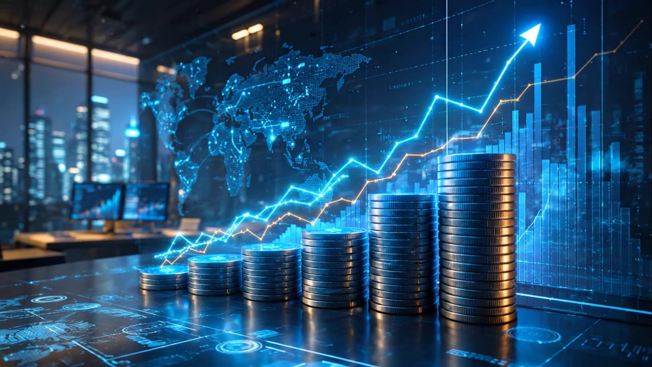 Stabler med mynter med stigende finansielt vekstdiagram på et moderne kontor