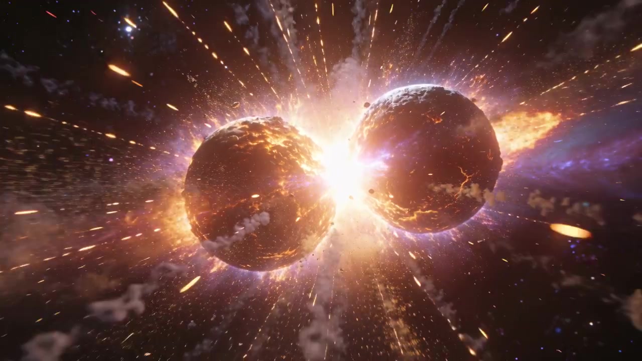 Touching seam between two molten planets sending glowing ejecta and radial trails in space