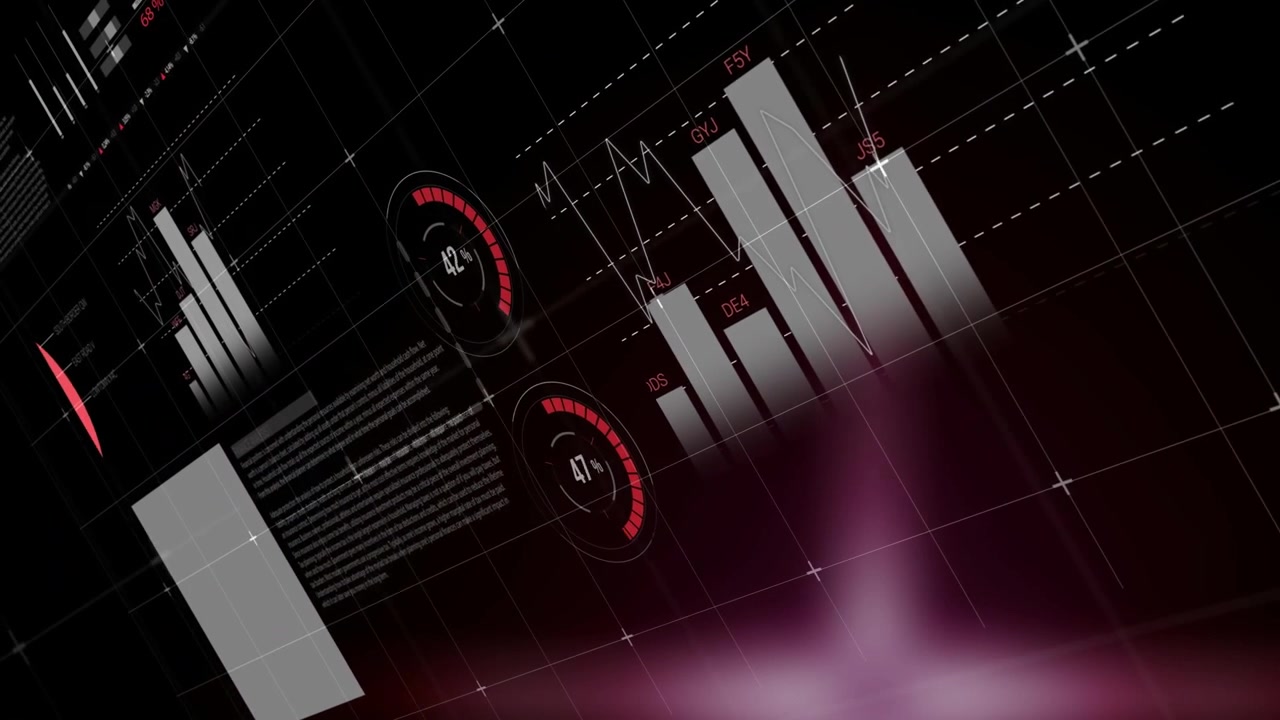 Animación de procesamiento de datos estadísticos sobre un fondo degradado morado.