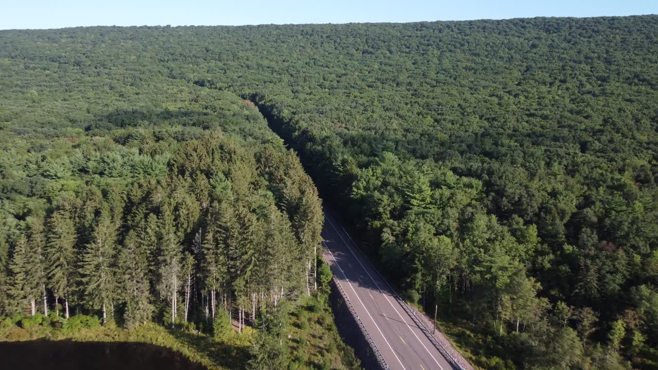 vista de pájaro a una carretera rural de pensilvania en un bosque