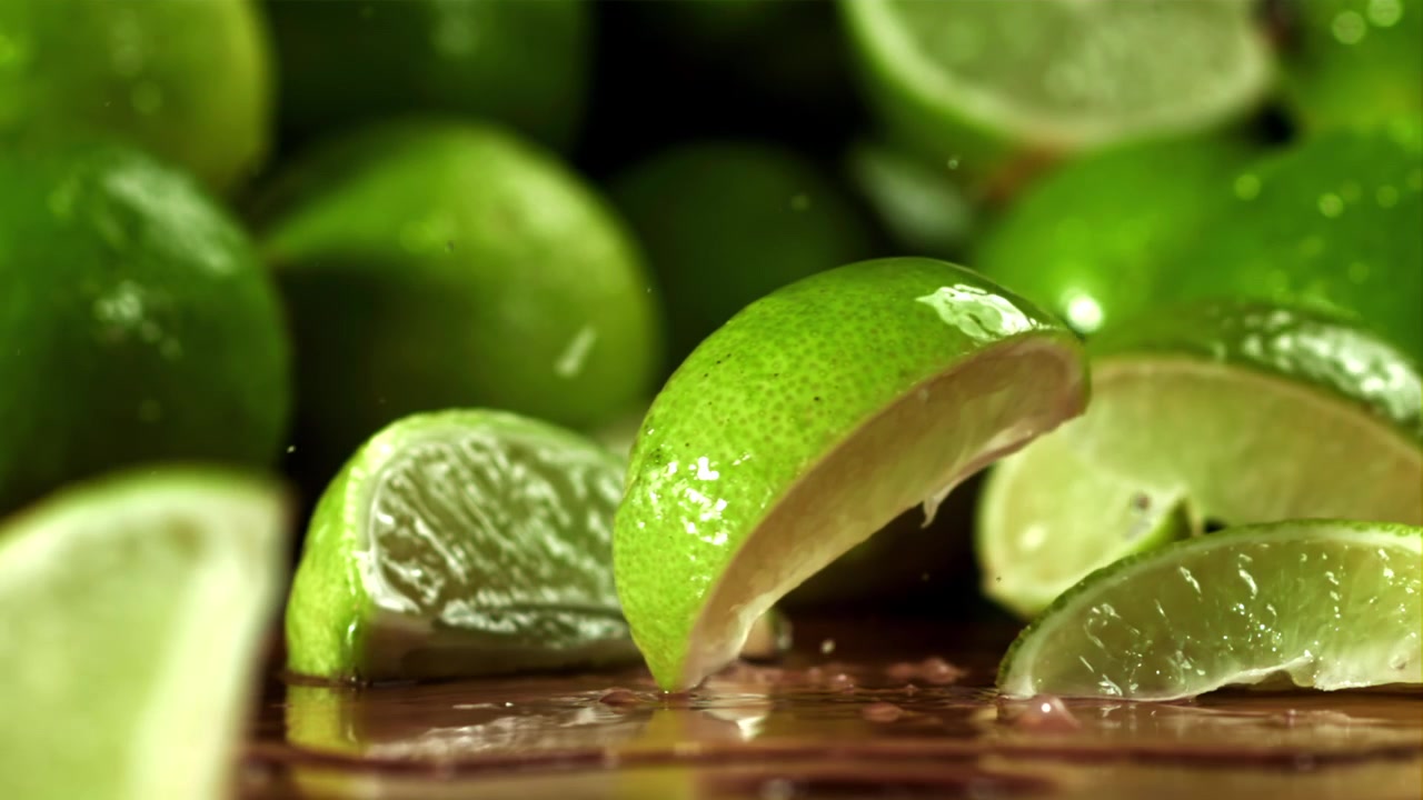 Movimento super rallentato di spicchi di lime fresco che cadono e schizzano