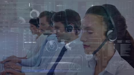 Animation-of-data-processing-over-business-people-using-phone-headsets