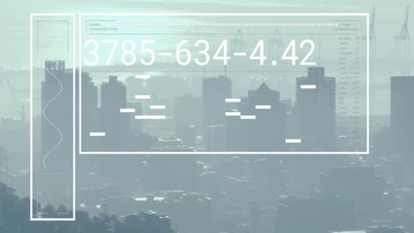 animación de la interfaz con el procesamiento de datos frente a una vista aérea del paisaje urbano