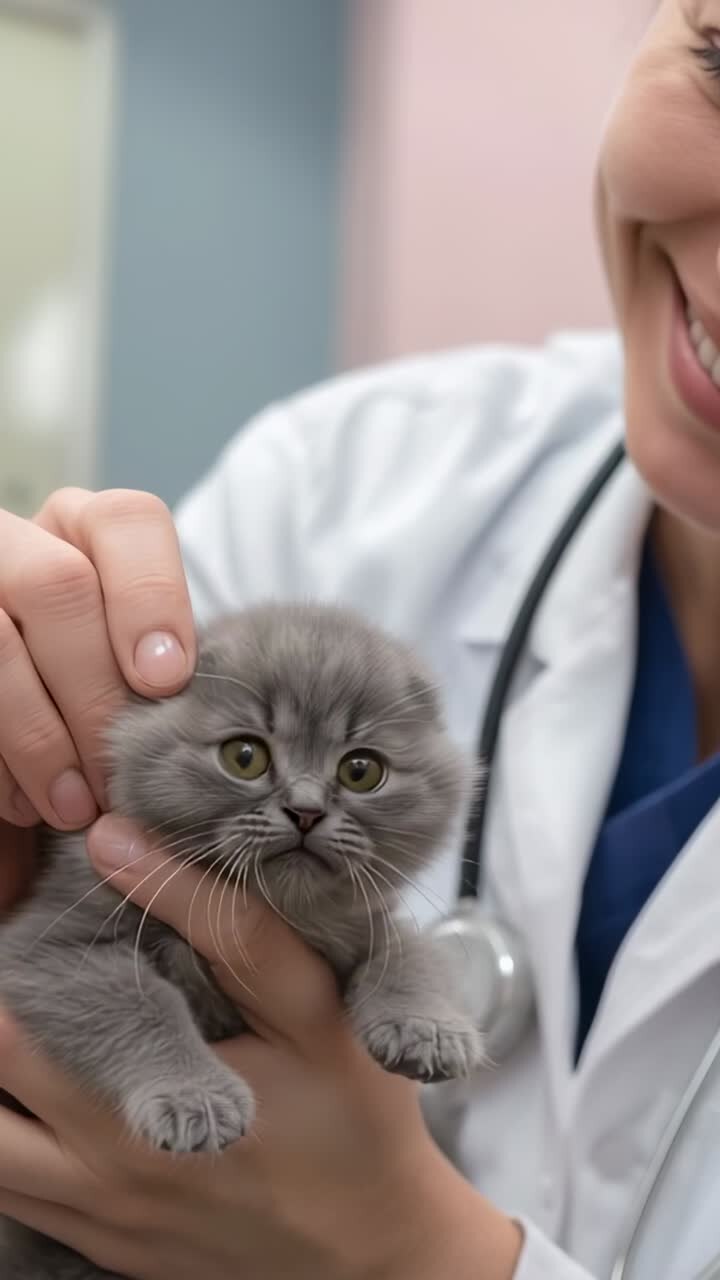 Vertical video: Vet holding grey kitten close to chest, stroking head to calm kitten during exam