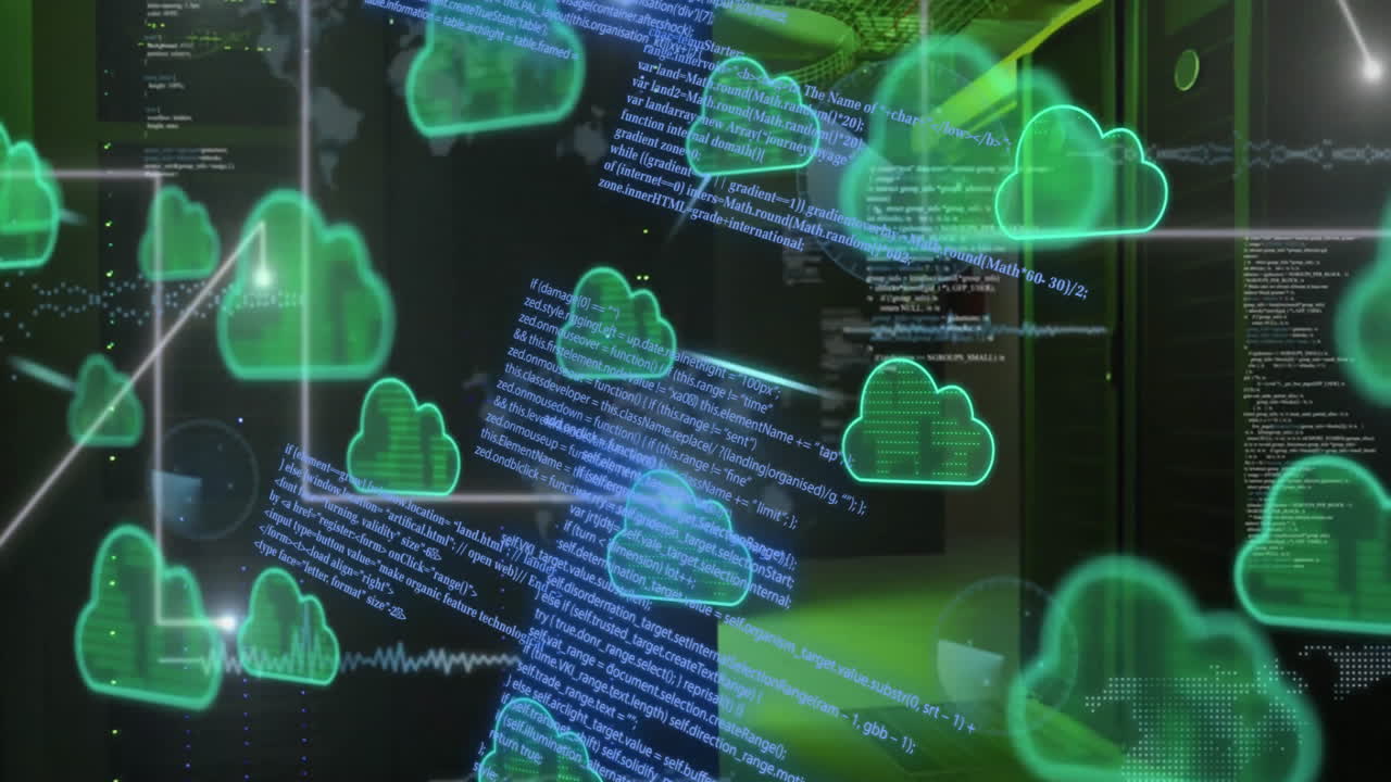 animación de conexiones y procesamiento de datos con iconos de nube sobre la sala de servidores