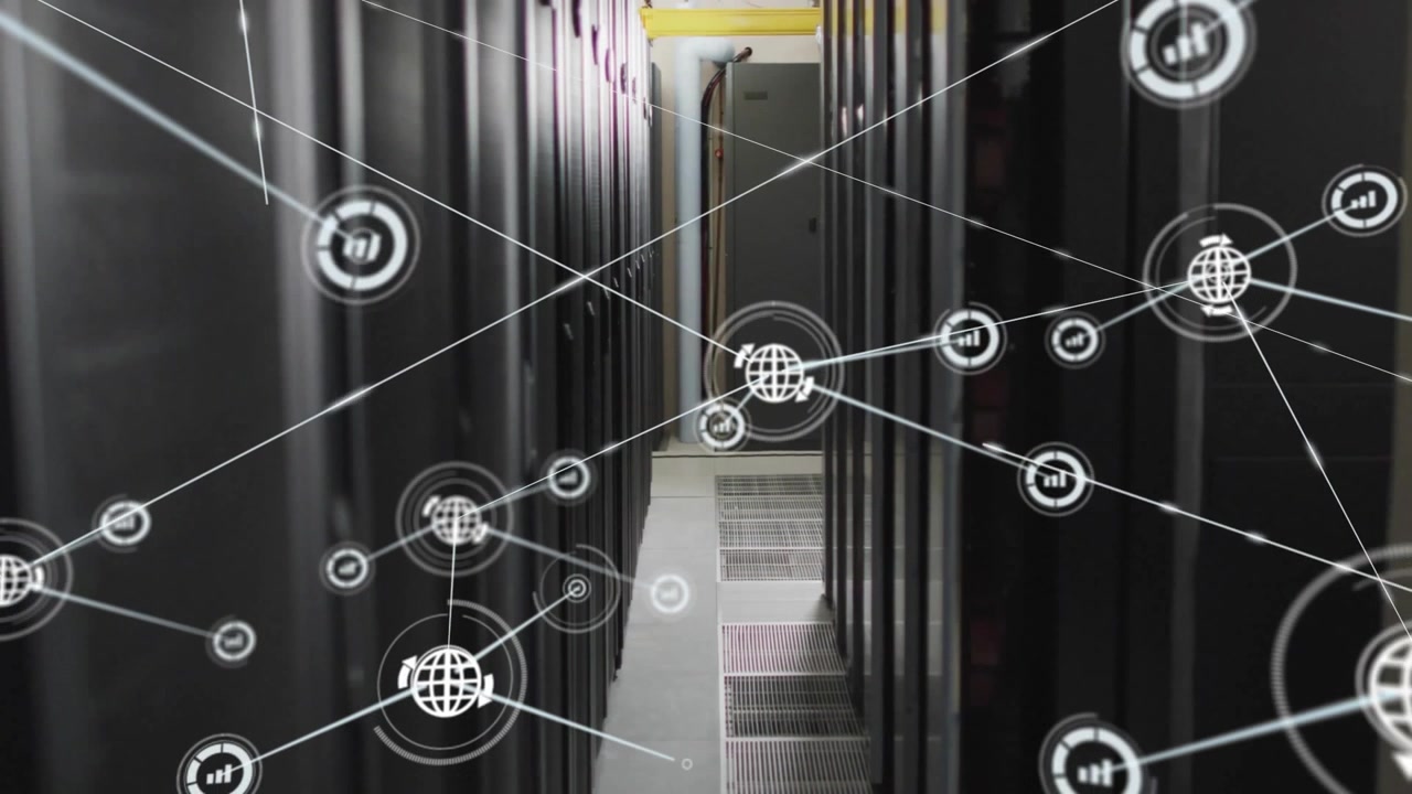 Digital Network Connections Over Server Room Racks