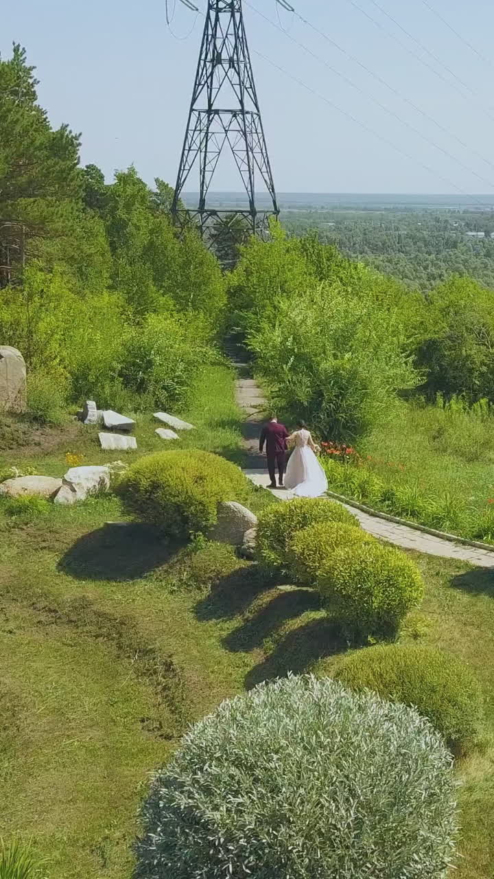young newlywed couple walks along road in green park with bushes on hill against river on sunny day bird eye view