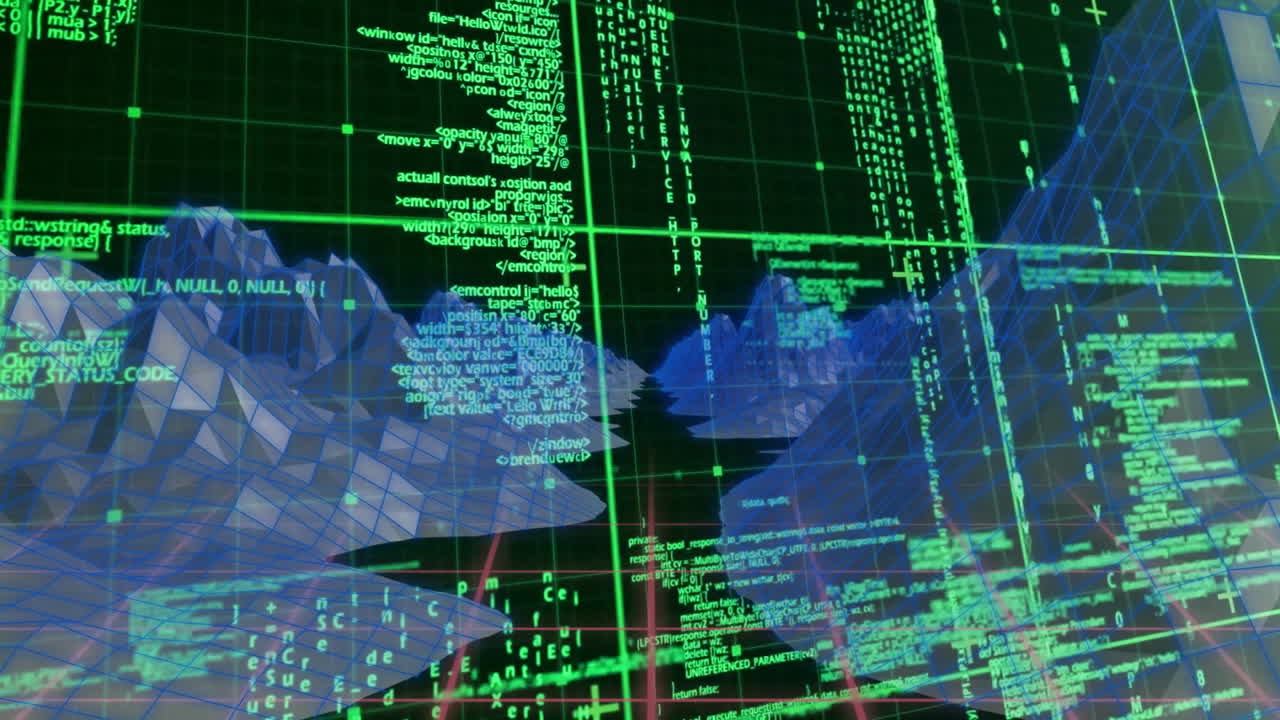 animazione dell'elaborazione dei dati su montagne digitali su sfondo nero