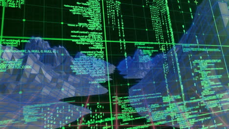анимация обработки данных над цифровыми горами на черном фоне