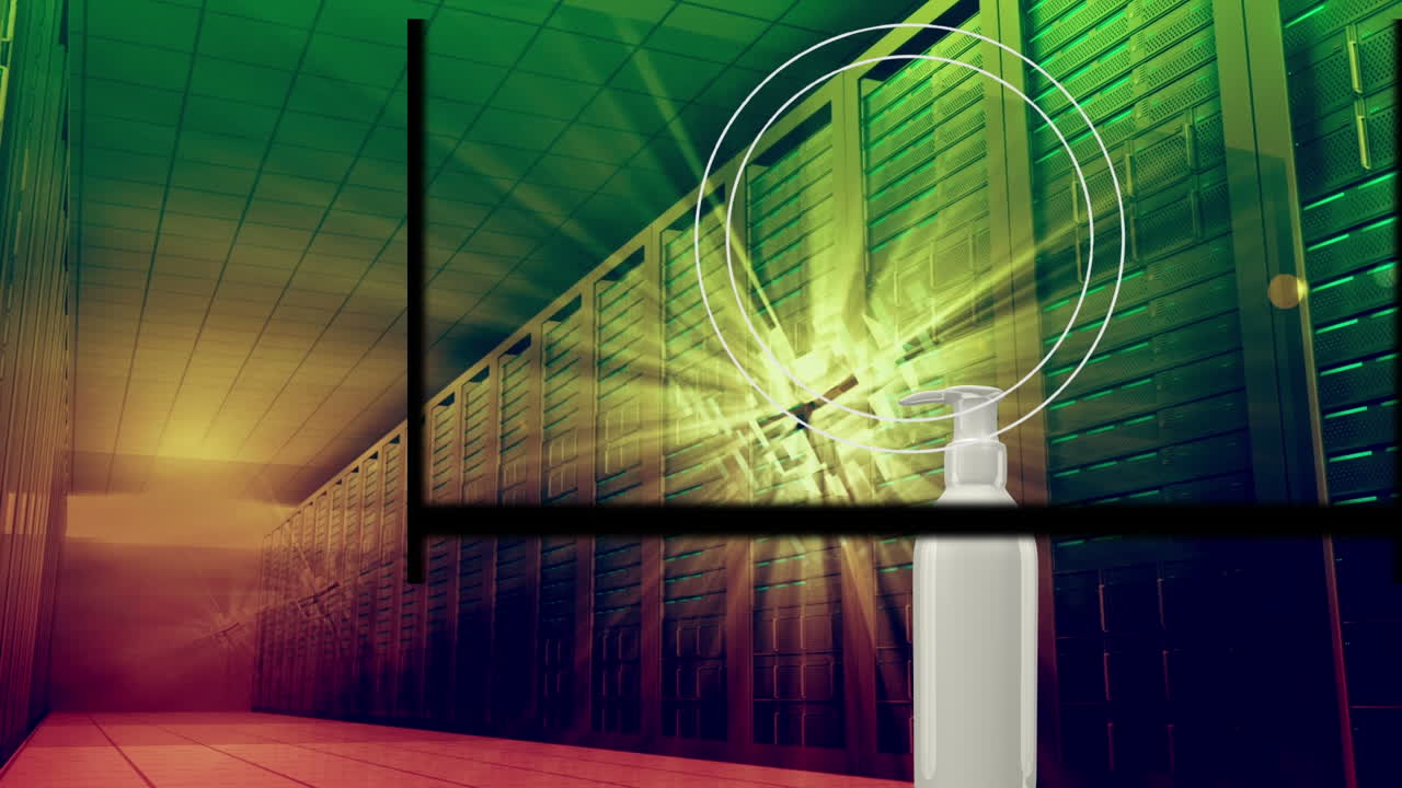 animación de círculos blancos sobre el jabón y la sala de servidores