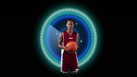 Animation-of-african-american-female-basketball-player-over-scope-scanning-on-black-background