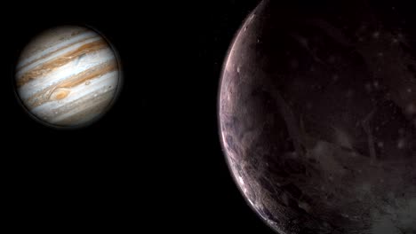 planeta júpiter y su satélite ganímedes en rotación en el espacio exterior