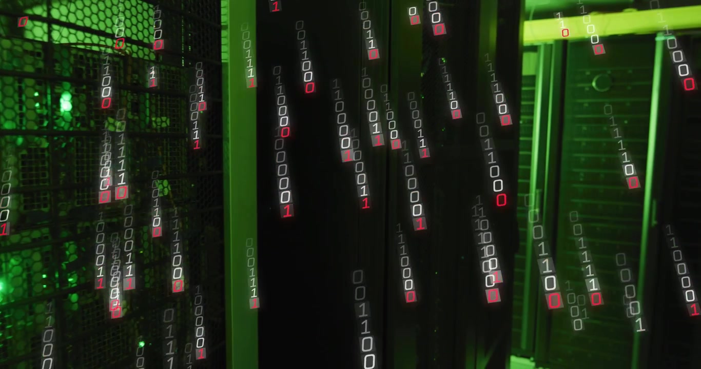 On powering server rack binary rain cascading among green LEDs for visualizing data flow