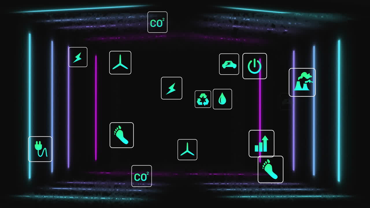 Dark futuristic tunnel featuring floating neon green icons in white squares with cyan violet bars