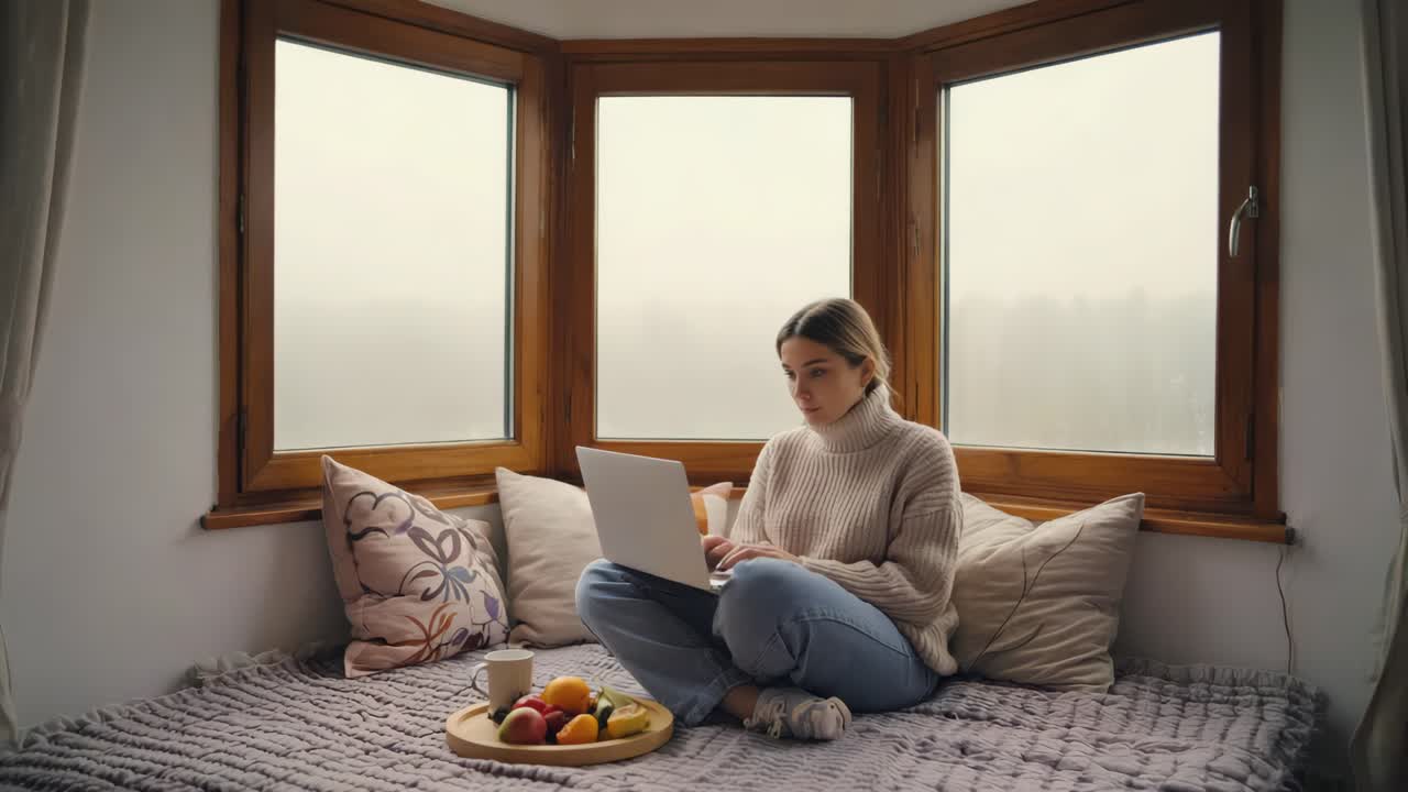Woman working on laptop by the window at home