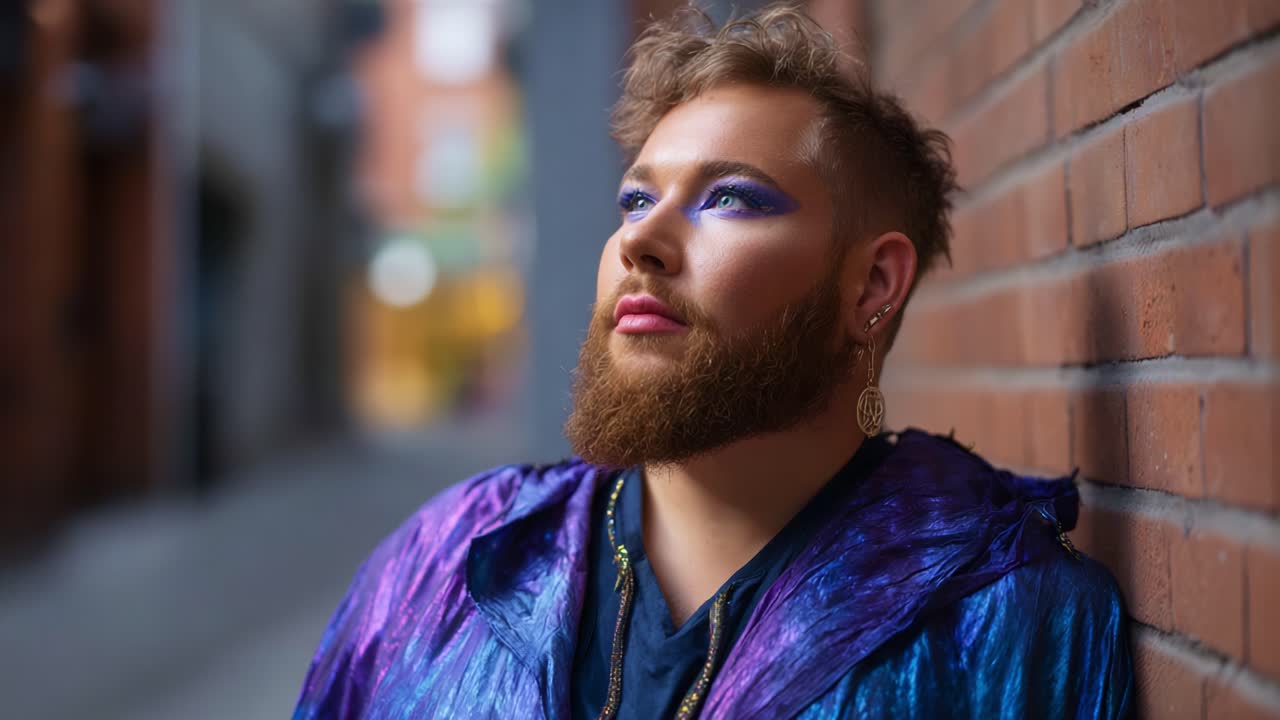 Una persona segura de sí misma con un maquillaje llamativo y un atuendo vibrante sobre un fondo de arquitectura urbana, capturando un momento de autoexpresión y orgullo