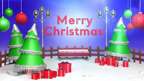 Merry-Christmas-Scene-With-Xmas,Noel-Tree-and-Red-Gift-Box-on-Blue-Cyc