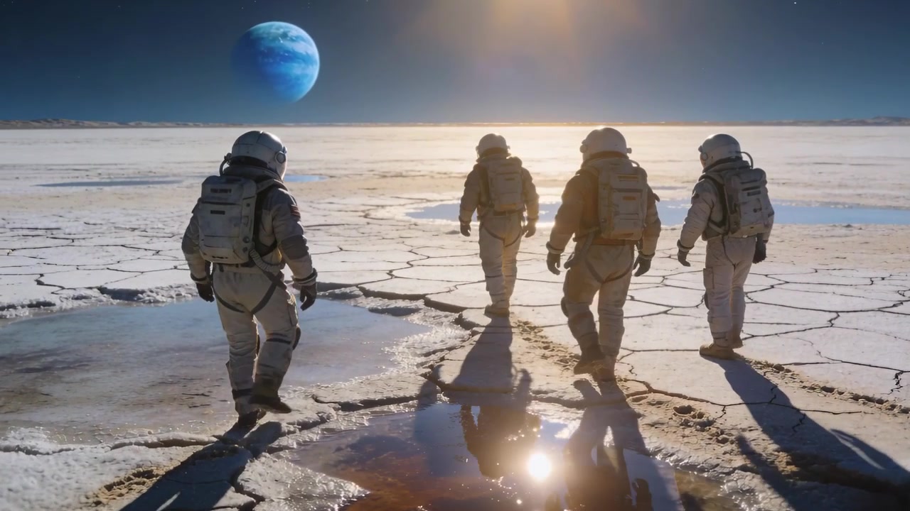 Vierköpfige Crew in Anzügen geht bei Sonnenaufgang auf den Horizont zu, Pfützen umgehend, mit Helmen und Rucksäcken.