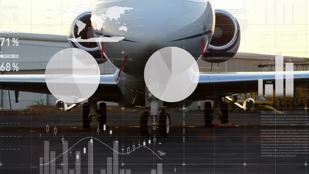 анимация обработки статистических данных против самолета на взлетно-посадочной полосе в аэропорту