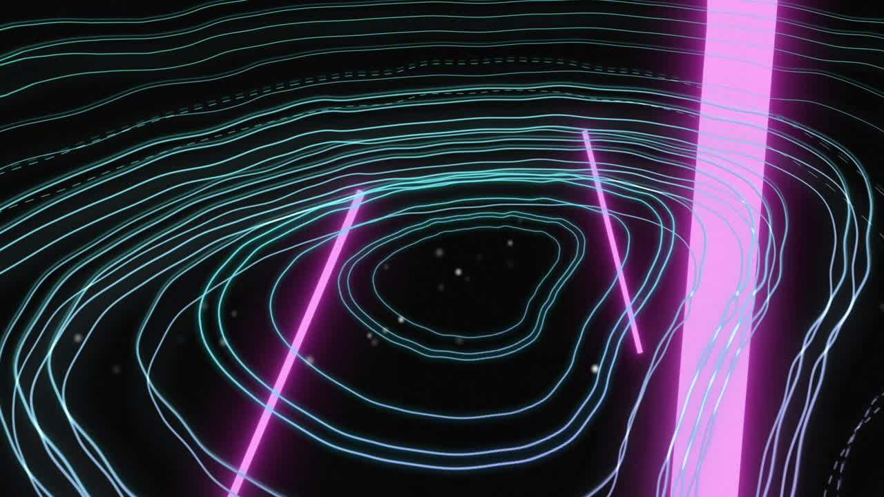 Animation of neon pink and blue lines creating digital landscape with glow