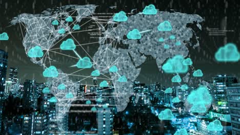 Animación-De-Iconos-De-Nubes-Y-Procesamiento-De-Datos-Sobre-El-Mapa-Mundial