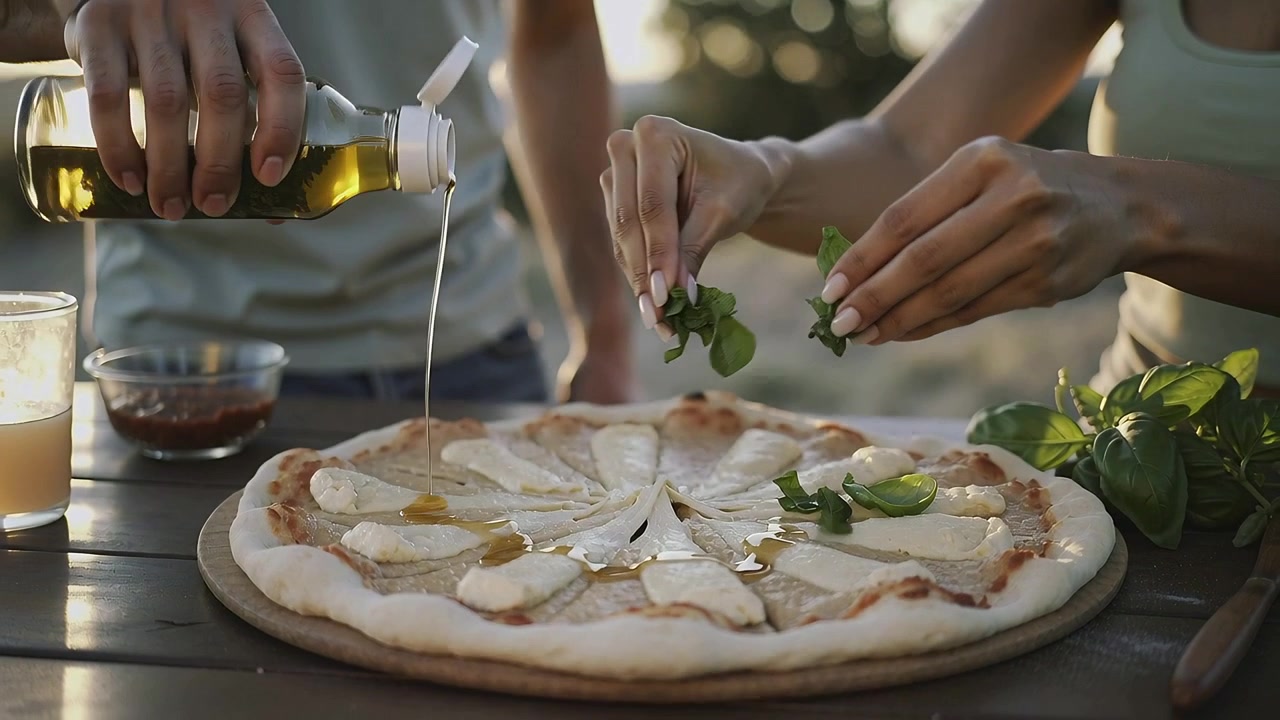 Coppia con abbigliamento casual che versa olio d'oliva da una bottiglia per guarnire una pizza su un tavolo da patio, aggiungendo basilico spezzettato