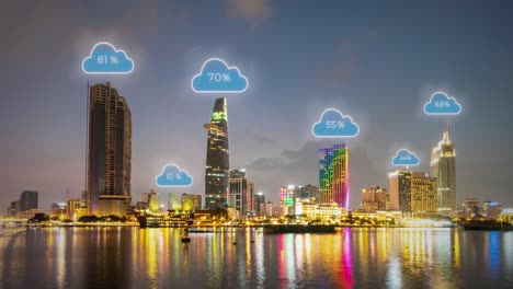 ho chi minh city skyline with digital clouds over river
