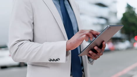 Business-man,-hands-and-tablet-in-city