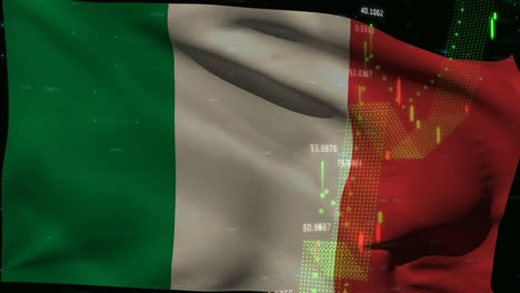 Animation-Der-Wehenden-Italienischen-Flagge-über-Der-Finanzdatenverarbeitung
